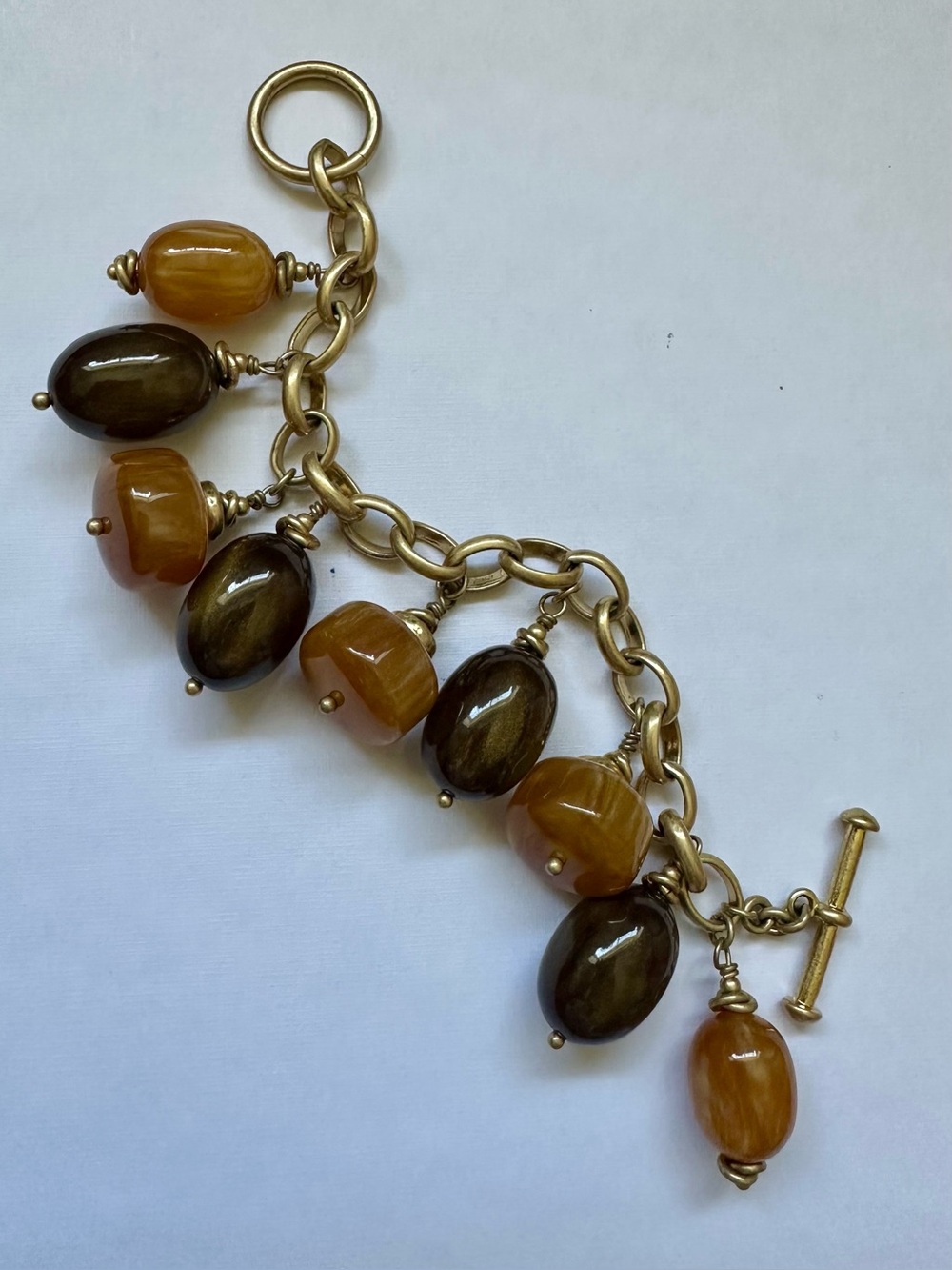 Gold-Tone Bracelet with Amber and Brown Bead Charms